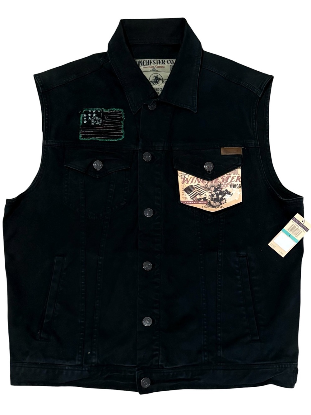Winchester Co Black Jean Biker Vest Jacket Denim Size L Rare Unique-MSRP $78 New
